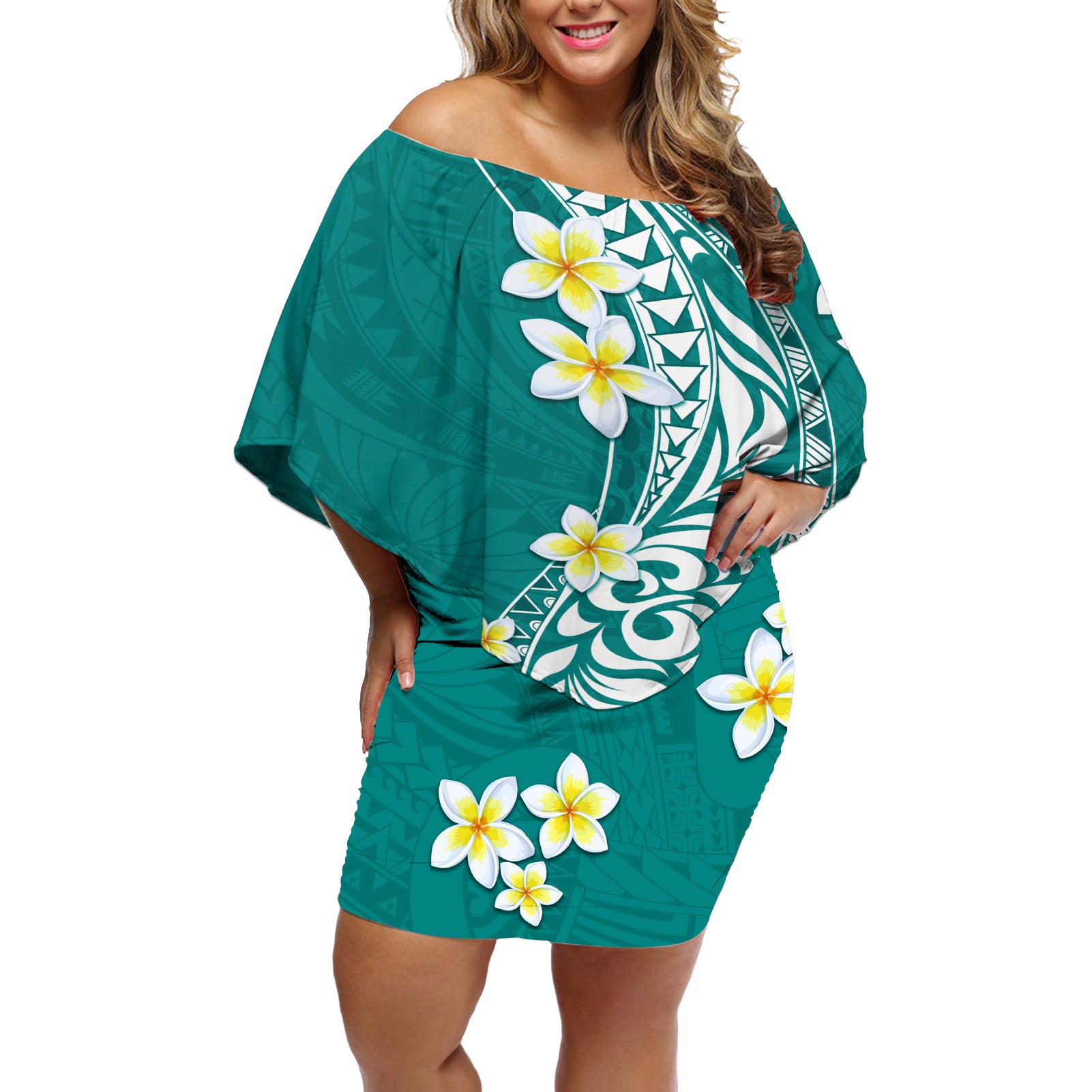 Hawaii Aloha Off Shoulder Short Dress Plumeria Vintage - Teal LT7 Women Teal - Polynesian Pride