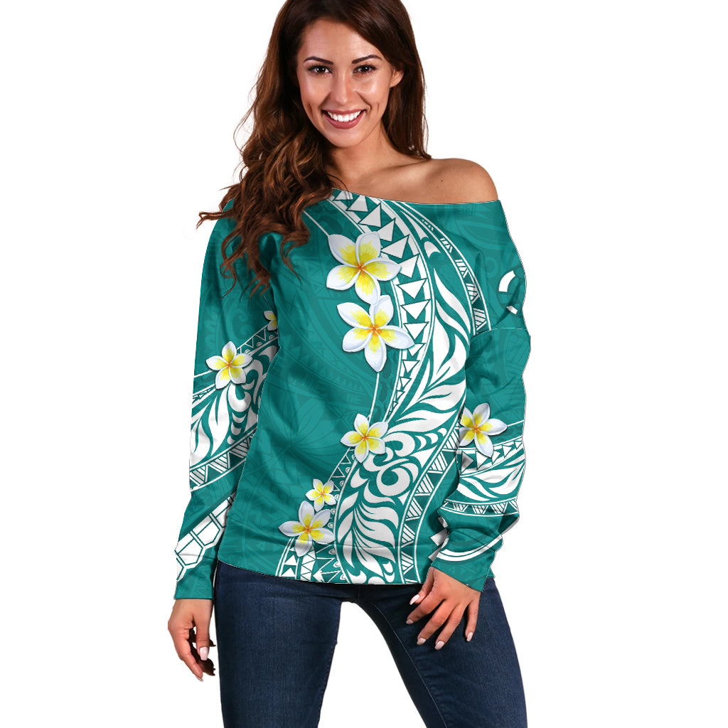 Hawaii Aloha Off Shoulder Sweater Plumeria Vintage - Teal LT7 Women Teal - Polynesian Pride