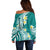 Hawaii Aloha Off Shoulder Sweater Plumeria Vintage - Teal LT7 - Polynesian Pride