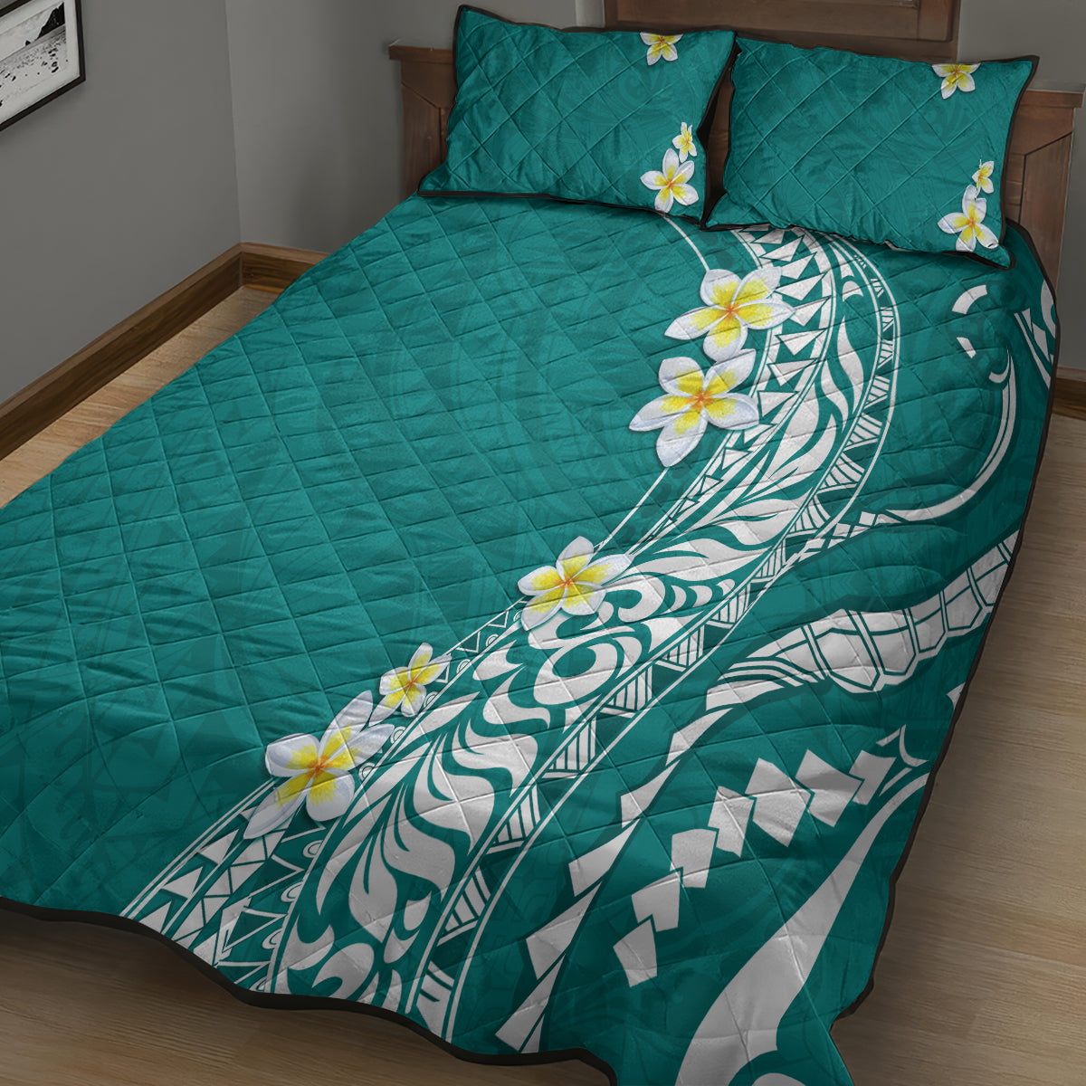 Hawaii Aloha Quilt Bed Set Plumeria Vintage - Teal LT7 - Polynesian Pride