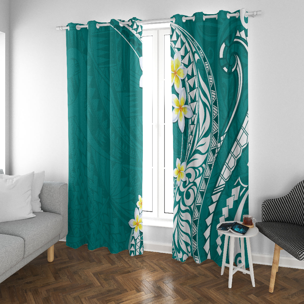 Hawaii Aloha Window Curtain Plumeria Vintage - Teal LT7 With Grommets Teal - Polynesian Pride