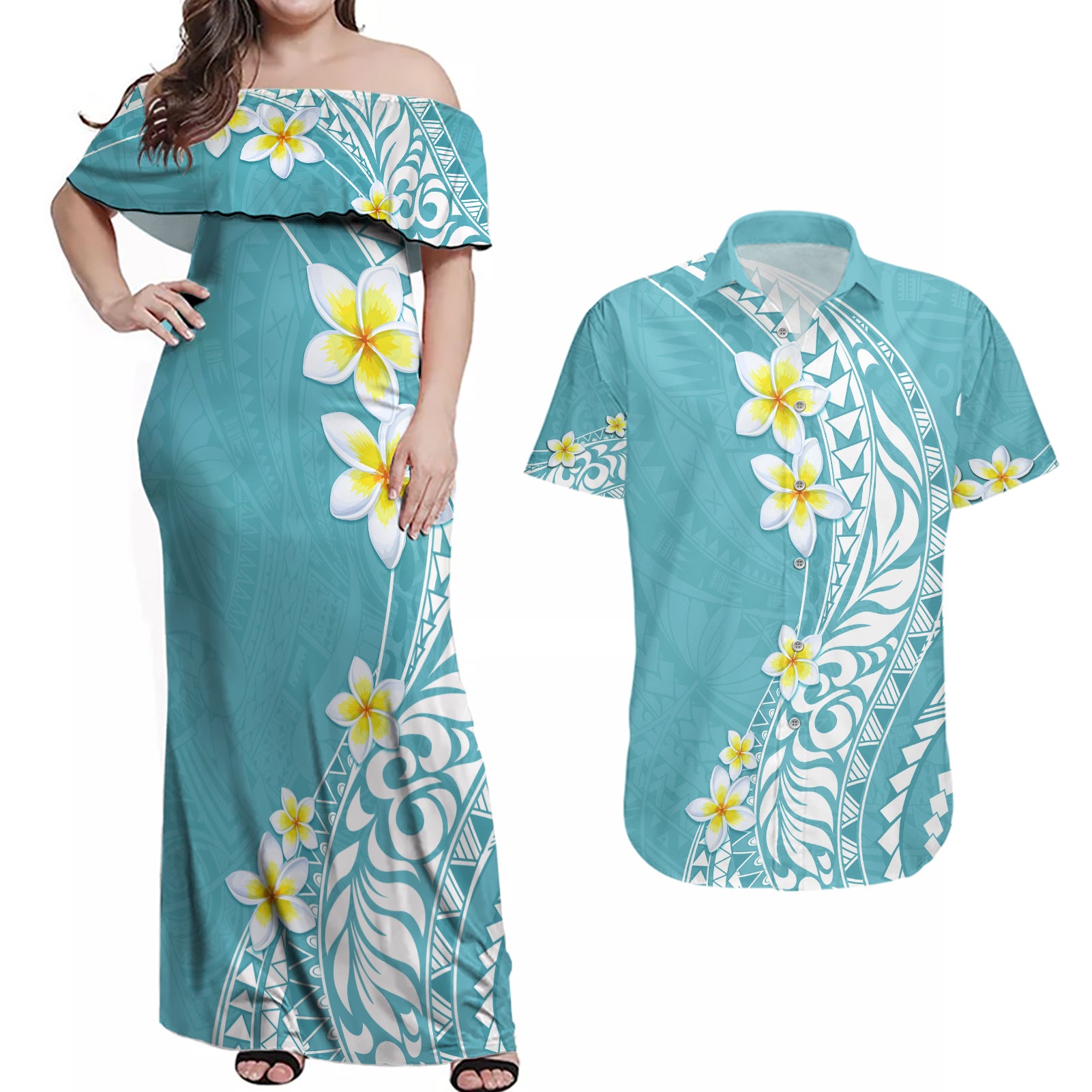 Hawaii Aloha Couples Matching Off Shoulder Maxi Dress and Hawaiian Shirt Plumeria Vintage - Turquoise LT7 Turquoise - Polynesian Pride