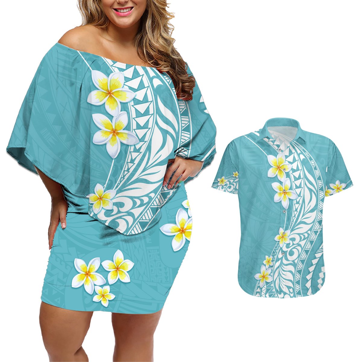 Hawaii Aloha Couples Matching Off Shoulder Short Dress and Hawaiian Shirt Plumeria Vintage - Turquoise LT7 Turquoise - Polynesian Pride