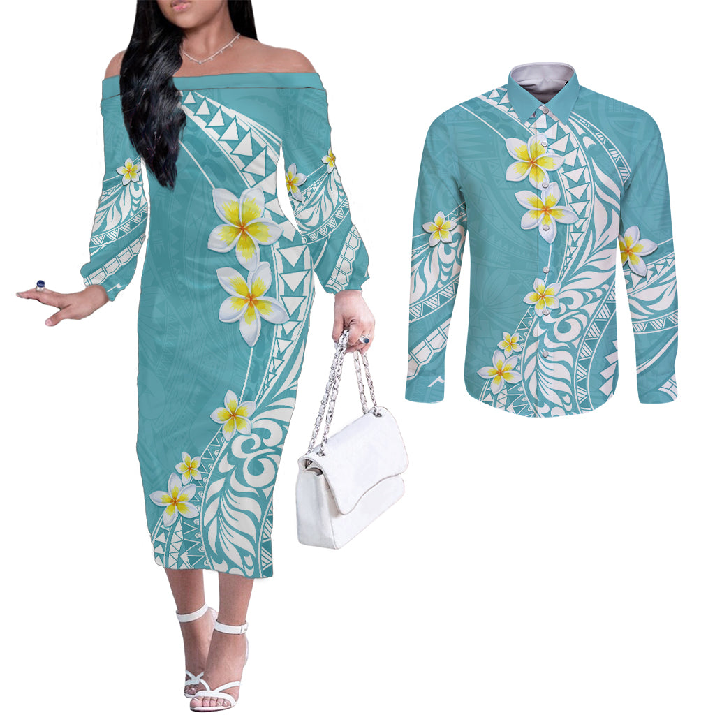 Hawaii Aloha Couples Matching Off The Shoulder Long Sleeve Dress and Long Sleeve Button Shirt Plumeria Vintage - Turquoise LT7 Turquoise - Polynesian Pride
