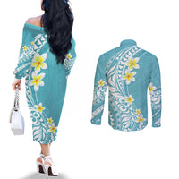 Hawaii Aloha Couples Matching Off The Shoulder Long Sleeve Dress and Long Sleeve Button Shirt Plumeria Vintage - Turquoise LT7 - Polynesian Pride