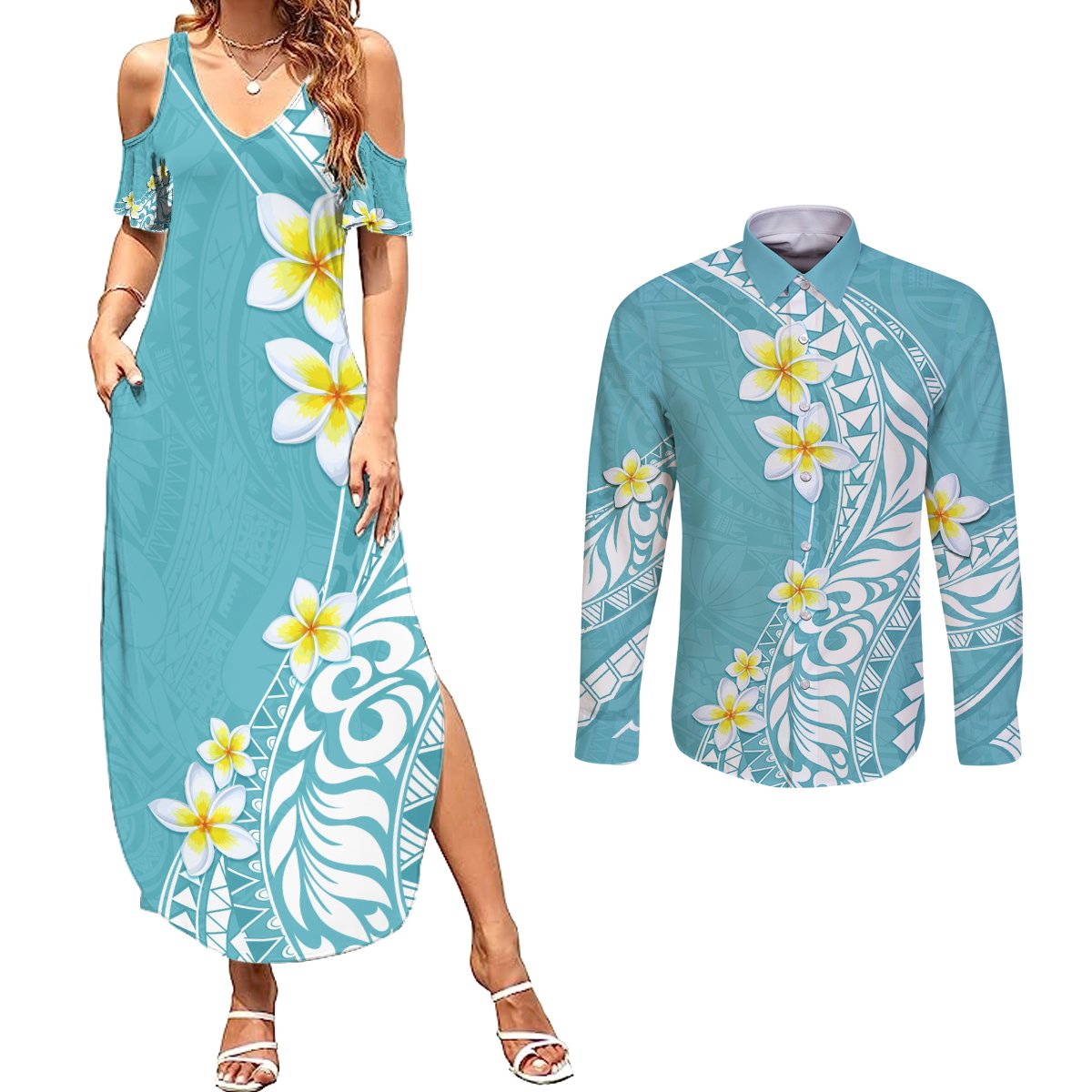 Hawaii Aloha Couples Matching Summer Maxi Dress and Long Sleeve Button Shirt Plumeria Vintage - Turquoise LT7 Turquoise - Polynesian Pride