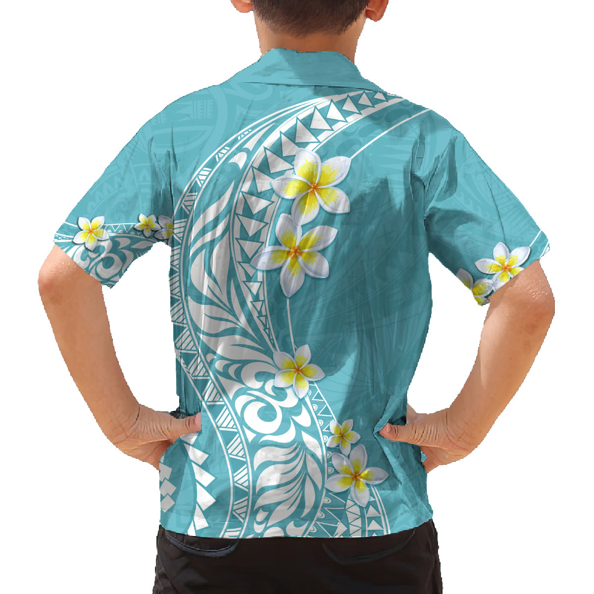 Hawaii Aloha Family Matching Off Shoulder Long Sleeve Dress and Hawaiian Shirt Plumeria Vintage - Turquoise LT7 - Polynesian Pride
