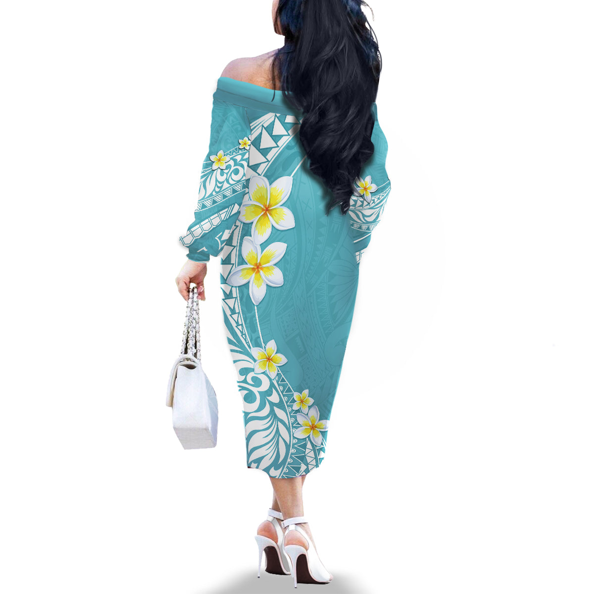 Hawaii Aloha Family Matching Off Shoulder Long Sleeve Dress and Hawaiian Shirt Plumeria Vintage - Turquoise LT7 - Polynesian Pride