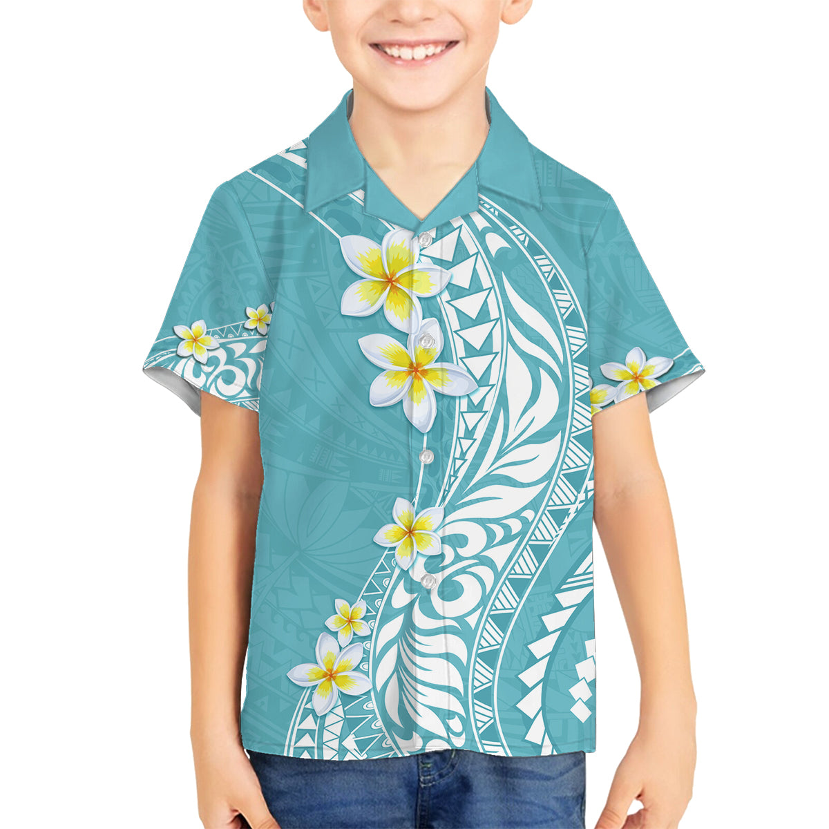 Hawaii Aloha Family Matching Tank Maxi Dress and Hawaiian Shirt Plumeria Vintage - Turquoise LT7 Son's Shirt Turquoise - Polynesian Pride