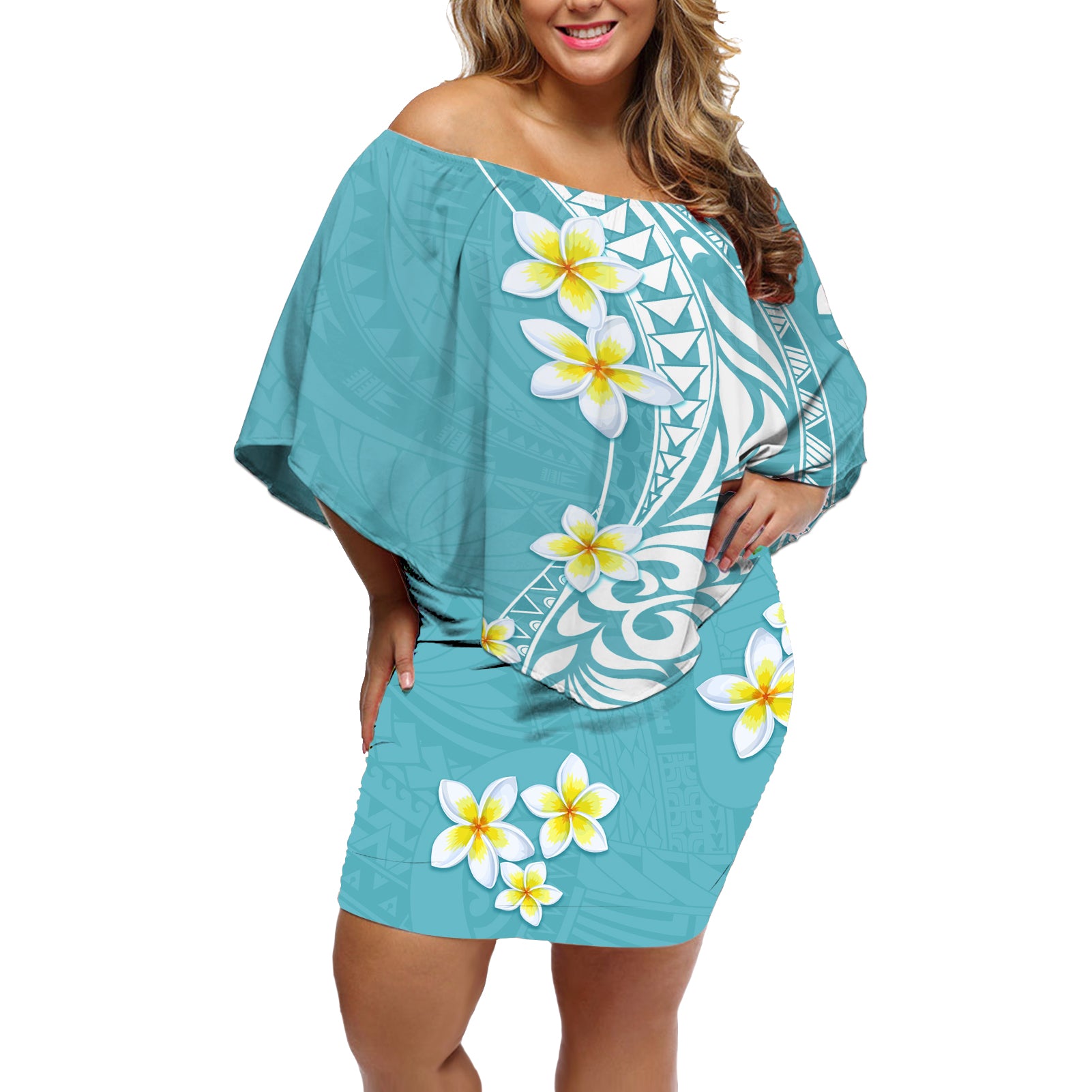 Hawaii Aloha Off Shoulder Short Dress Plumeria Vintage - Turquoise LT7 Women Turquoise - Polynesian Pride