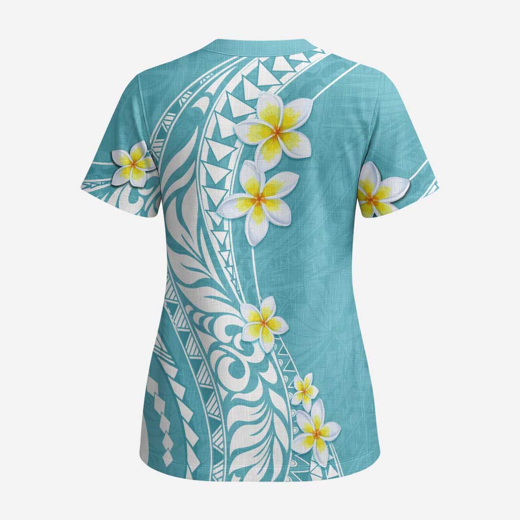Hawaii Aloha Scrub Top Plumeria Vintage - Turquoise - Polynesian Pride