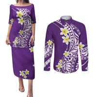 Hawaii Aloha Couples Matching Puletasi Dress and Long Sleeve Button Shirt Plumeria Vintage - Violet LT7 Violet - Polynesian Pride