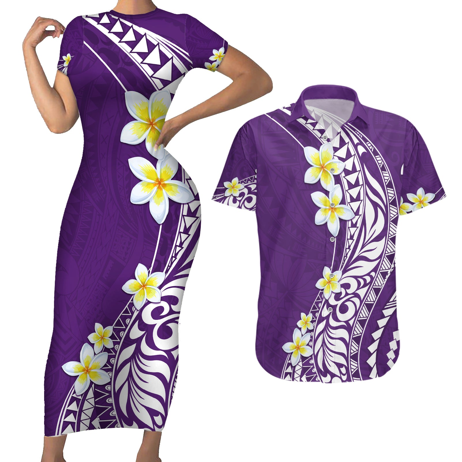 Hawaii Aloha Couples Matching Short Sleeve Bodycon Dress and Hawaiian Shirt Plumeria Vintage - Violet LT7 Violet - Polynesian Pride