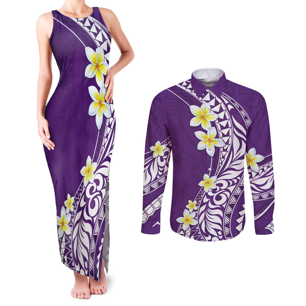 Hawaii Aloha Couples Matching Tank Maxi Dress and Long Sleeve Button Shirt Plumeria Vintage - Violet LT7 Violet - Polynesian Pride