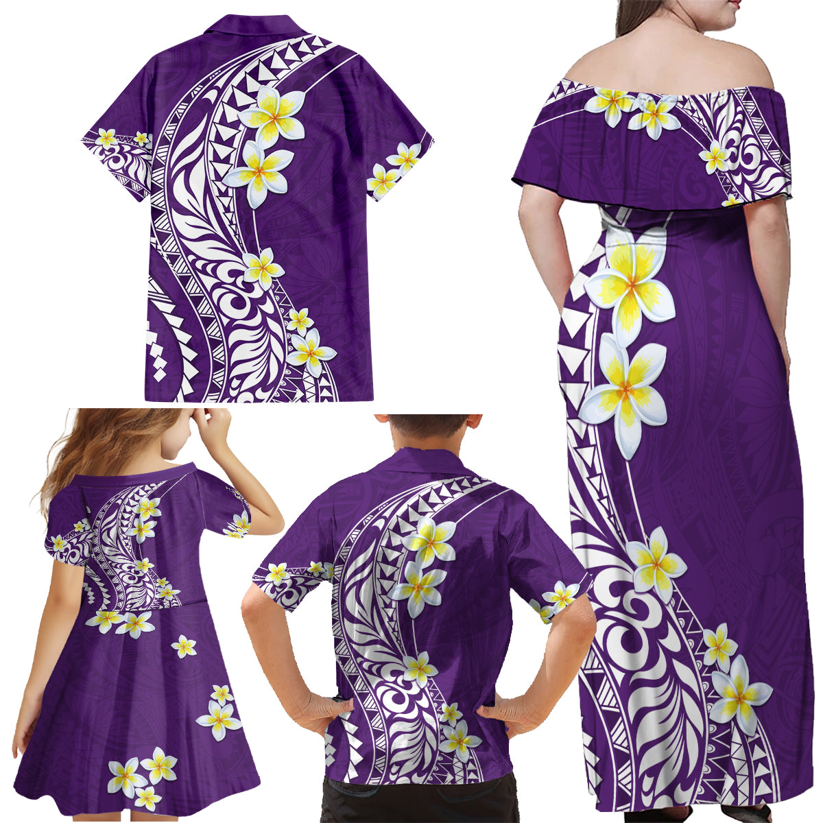 Hawaii Aloha Family Matching Off Shoulder Maxi Dress and Hawaiian Shirt Plumeria Vintage - Violet LT7 - Polynesian Pride