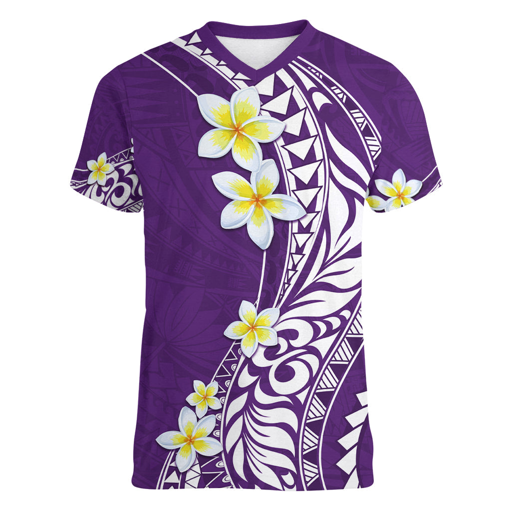 Hawaii Aloha Women V Neck T Shirt Plumeria Vintage - Violet LT7 Female Violet - Polynesian Pride