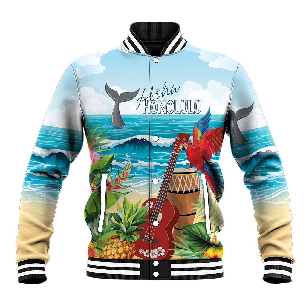Aloha Honolulu Festival Baseball Jacket Ukulele By The Shore