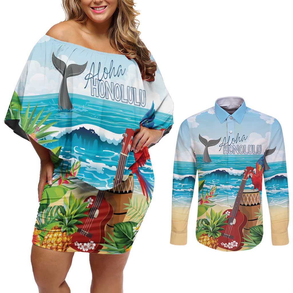 Aloha Honolulu Festival Couples Matching Off Shoulder Short Dress and Long Sleeve Button Shirt Ukulele By The Shore