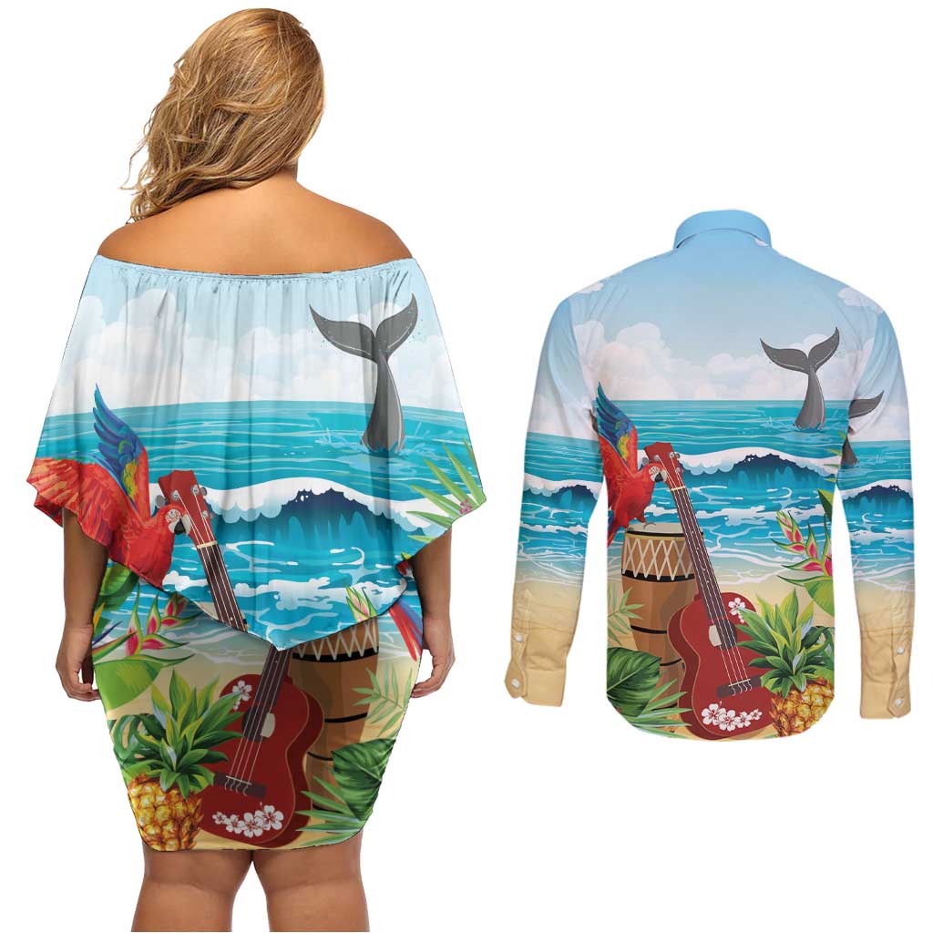 Aloha Honolulu Festival Couples Matching Off Shoulder Short Dress and Long Sleeve Button Shirt Ukulele By The Shore