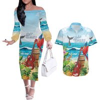 Aloha Honolulu Festival Couples Matching Off The Shoulder Long Sleeve Dress and Hawaiian Shirt Ukulele By The Shore