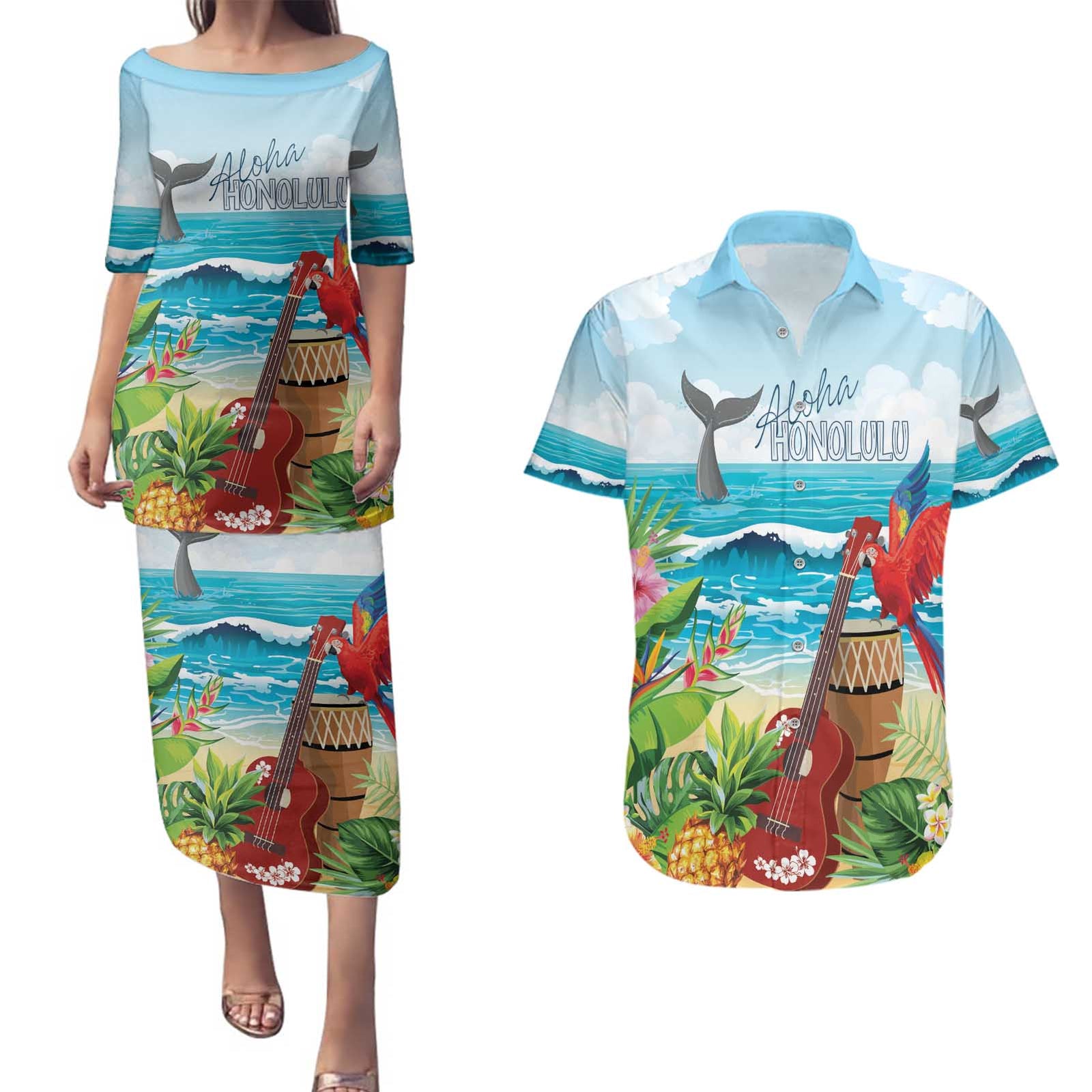 Aloha Honolulu Festival Couples Matching Puletasi and Hawaiian Shirt Ukulele By The Shore