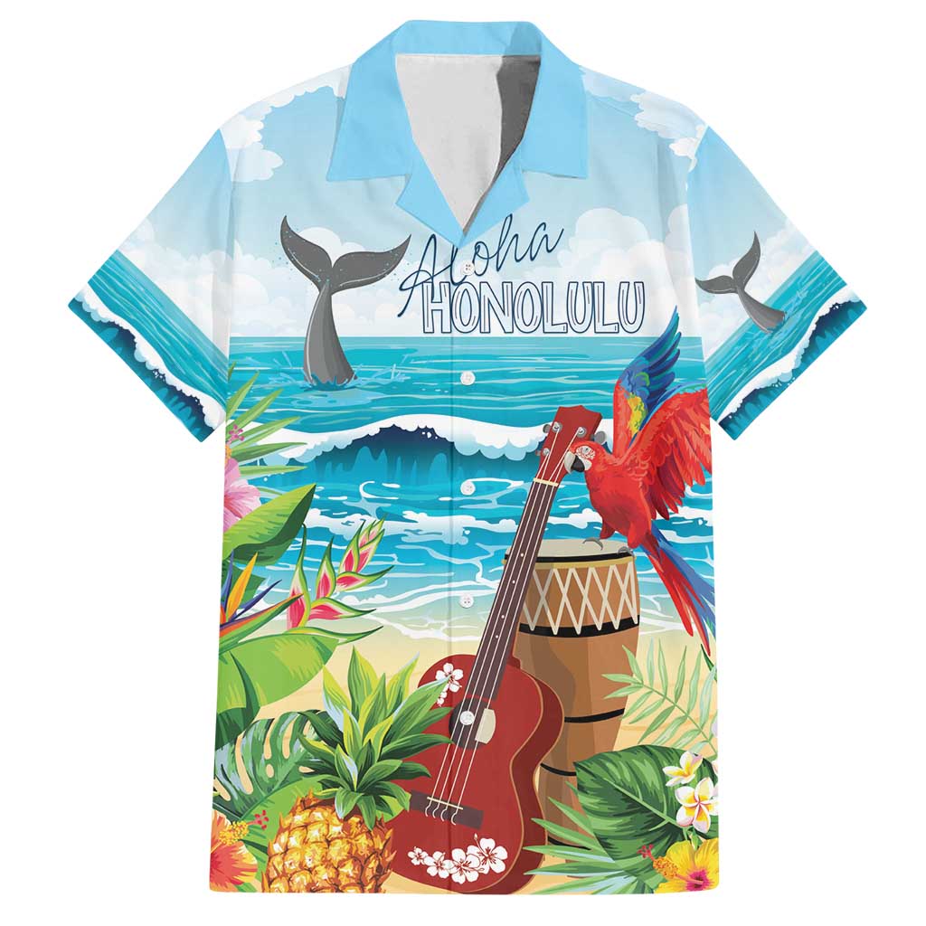 Aloha Honolulu Festival Family Matching Off Shoulder Short Dress and Hawaiian Shirt Ukulele By The Shore
