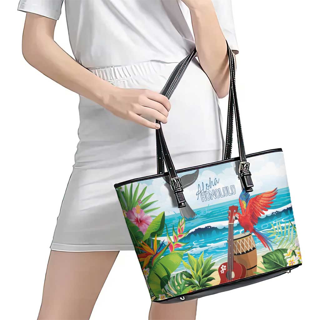 Aloha Honolulu Festival Leather Tote Bag Ukulele By The Shore