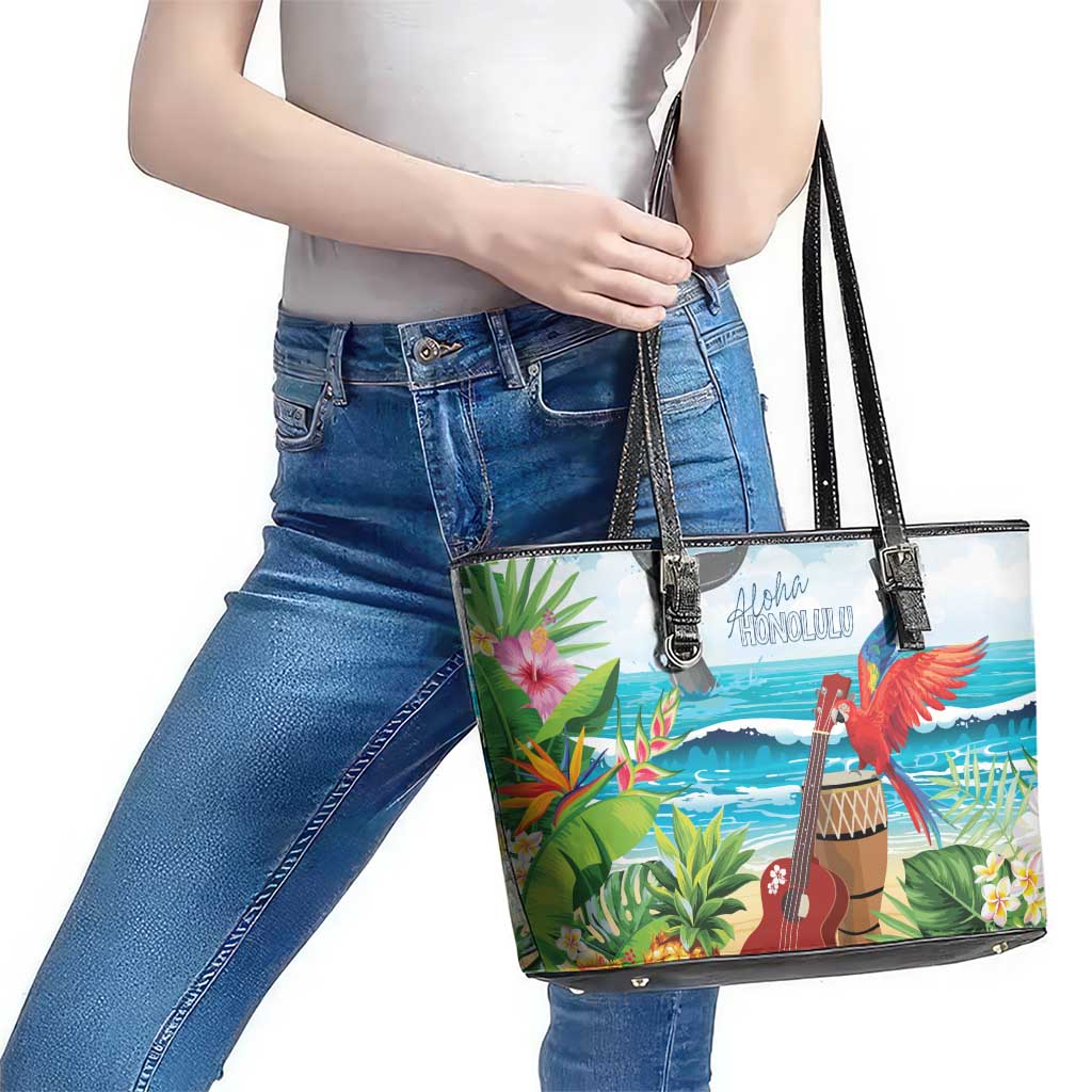 Aloha Honolulu Festival Leather Tote Bag Ukulele By The Shore