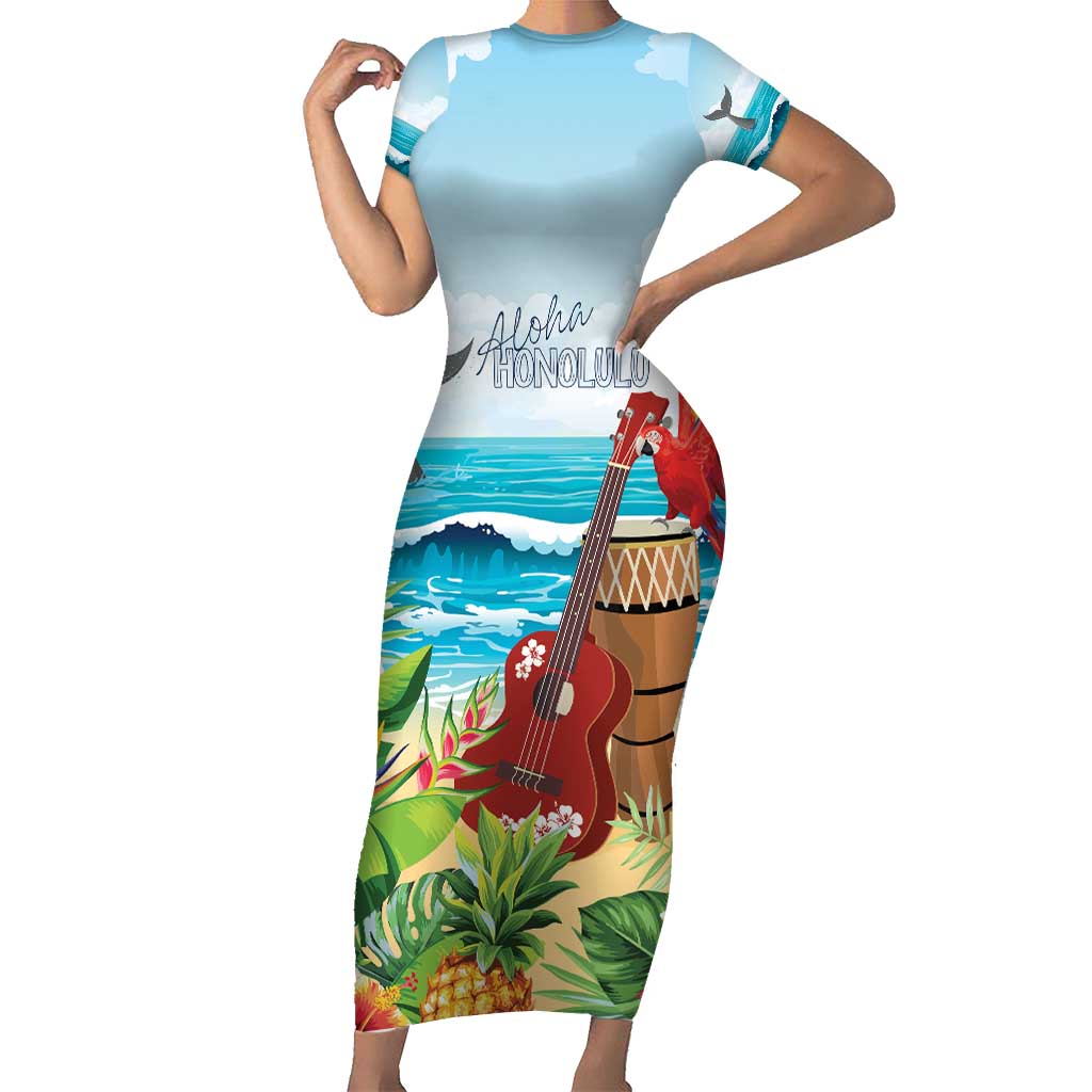 Aloha Honolulu Festival Short Sleeve Bodycon Dress Ukulele By The Shore
