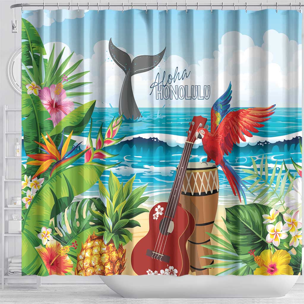 Aloha Honolulu Festival Shower Curtain Ukulele By The Shore