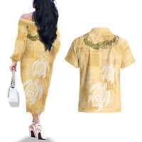 Aloha Honolulu Festival Couples Matching Off The Shoulder Long Sleeve Dress and Hawaiian Shirt Hawaii Kapa Mix Flowers Lei