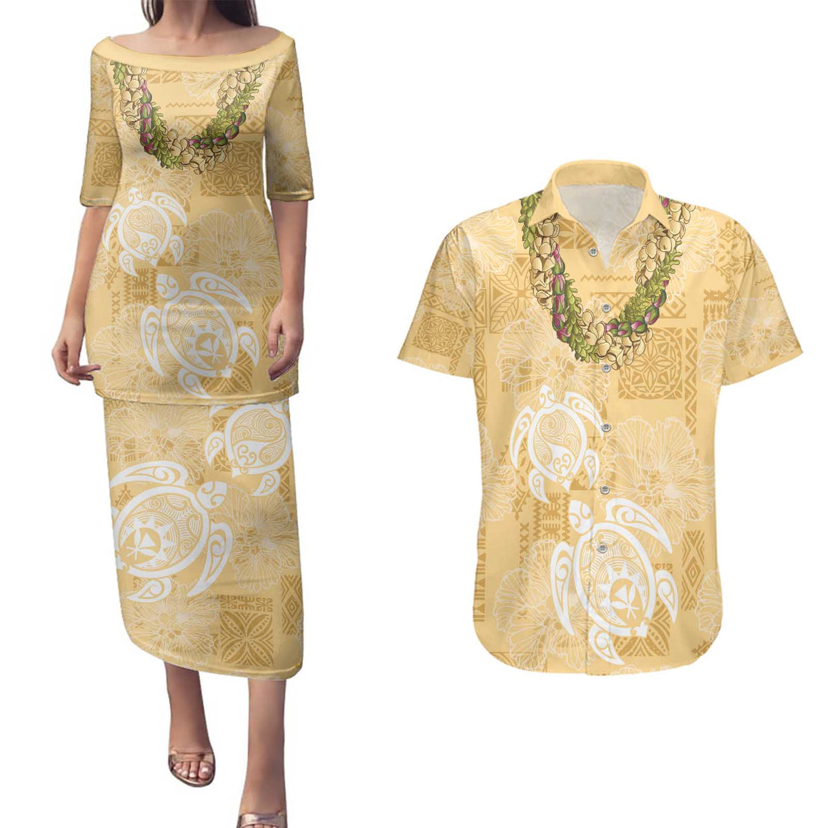 Aloha Honolulu Festival Couples Matching Puletasi and Hawaiian Shirt Hawaii Kapa Mix Flowers Lei