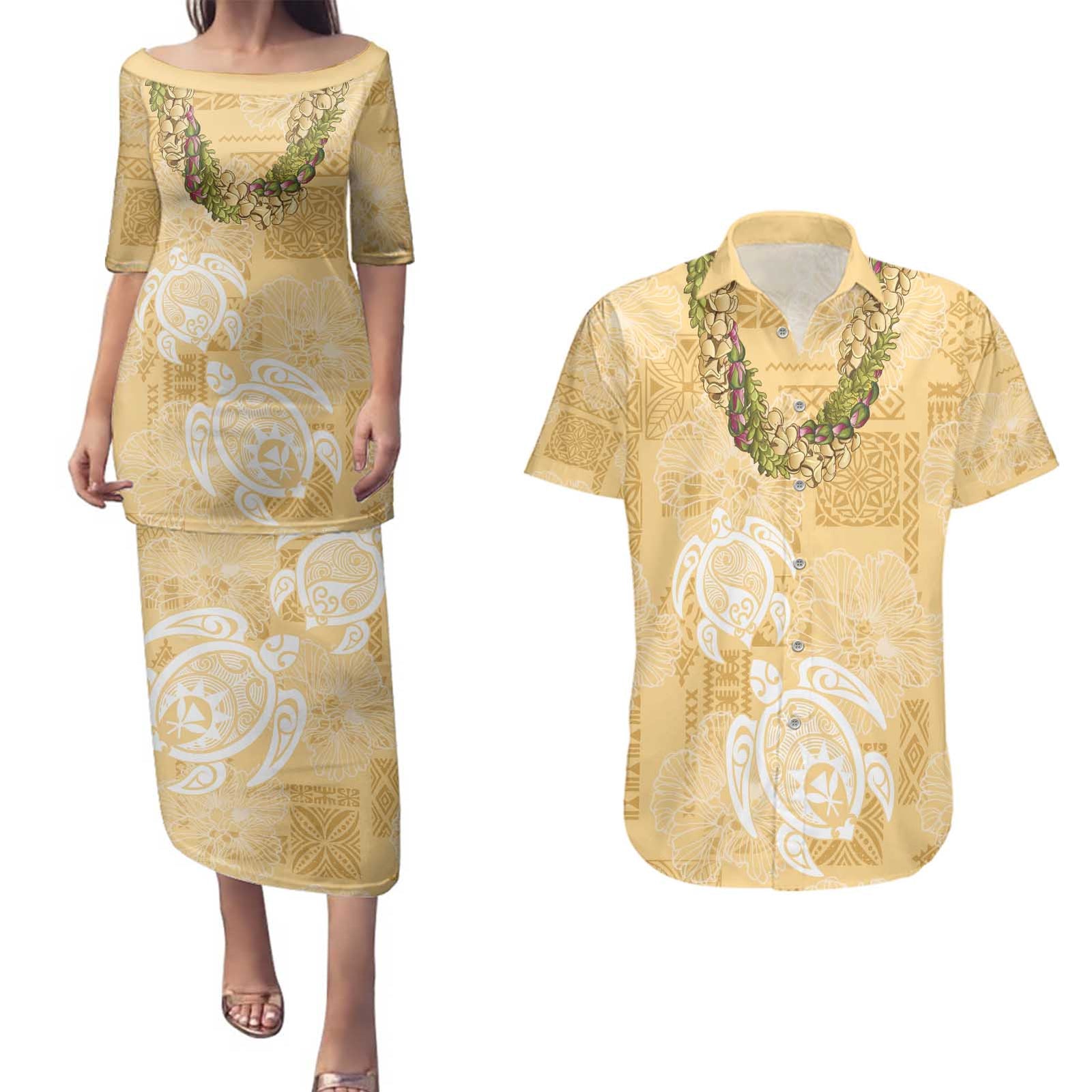 Aloha Honolulu Festival Couples Matching Puletasi and Hawaiian Shirt Hawaii Kapa Mix Flowers Lei