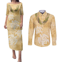 Aloha Honolulu Festival Couples Matching Puletasi and Long Sleeve Button Shirt Hawaii Kapa Mix Flowers Lei