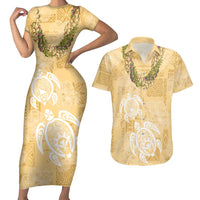 Aloha Honolulu Festival Couples Matching Short Sleeve Bodycon Dress and Hawaiian Shirt Hawaii Kapa Mix Flowers Lei
