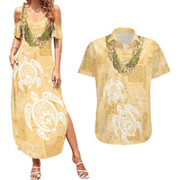 Aloha Honolulu Festival Couples Matching Summer Maxi Dress and Hawaiian Shirt Hawaii Kapa Mix Flowers Lei