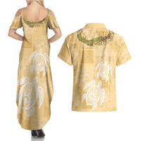 Aloha Honolulu Festival Couples Matching Summer Maxi Dress and Hawaiian Shirt Hawaii Kapa Mix Flowers Lei