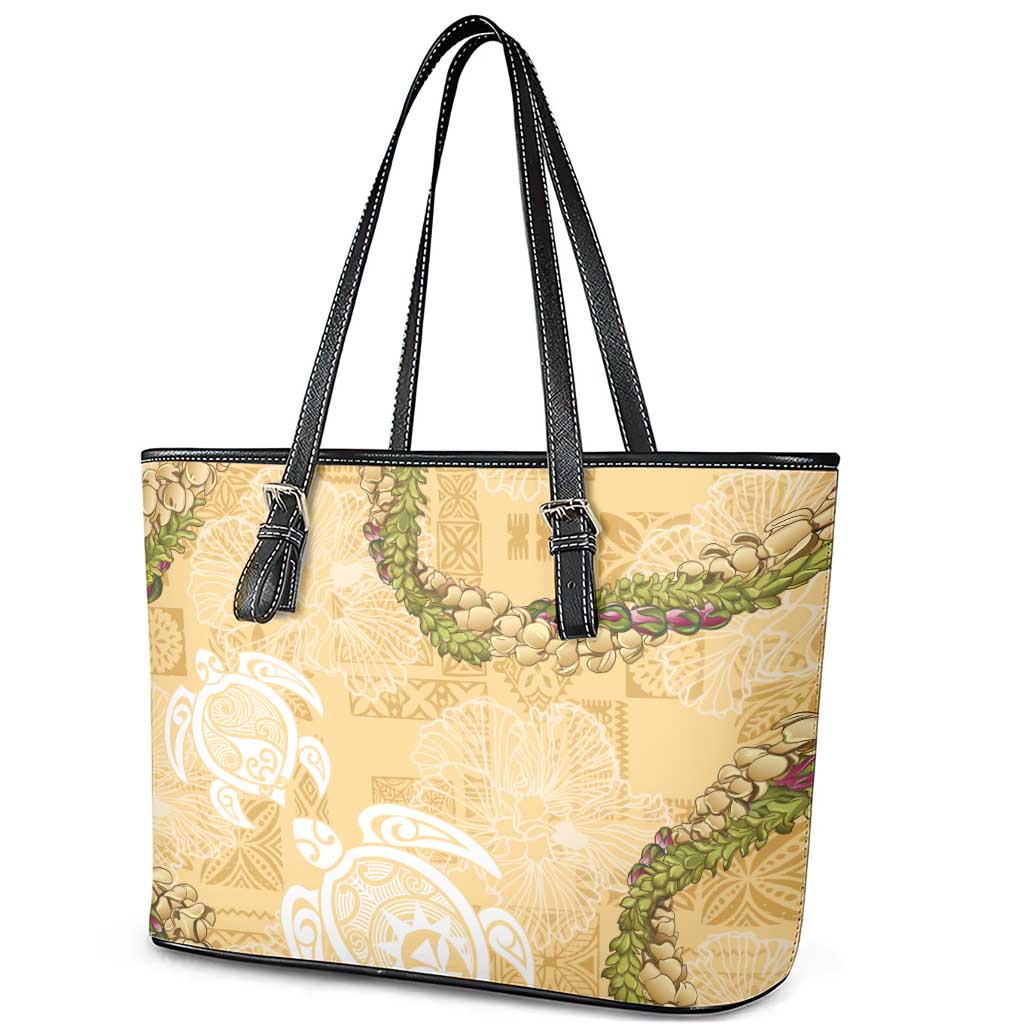 Aloha Honolulu Festival Leather Tote Bag Hawaii Kapa Mix Flowers Lei