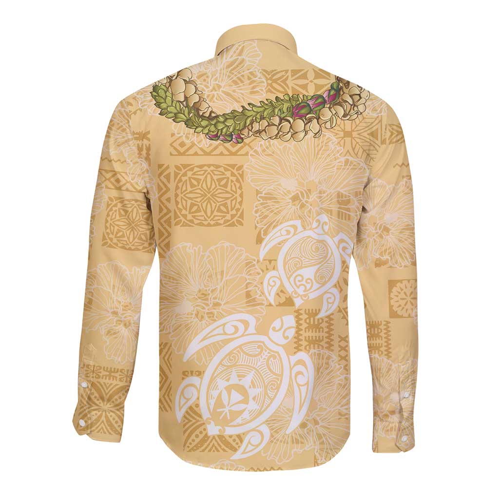 Aloha Honolulu Festival Long Sleeve Button Shirt Hawaii Kapa Mix Flowers Lei