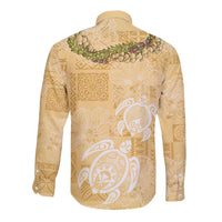 Aloha Honolulu Festival Long Sleeve Button Shirt Hawaii Kapa Mix Flowers Lei