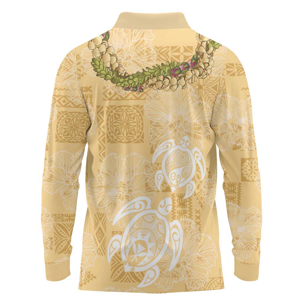 Aloha Honolulu Festival Long Sleeve Polo Shirt Hawaii Kapa Mix Flowers Lei