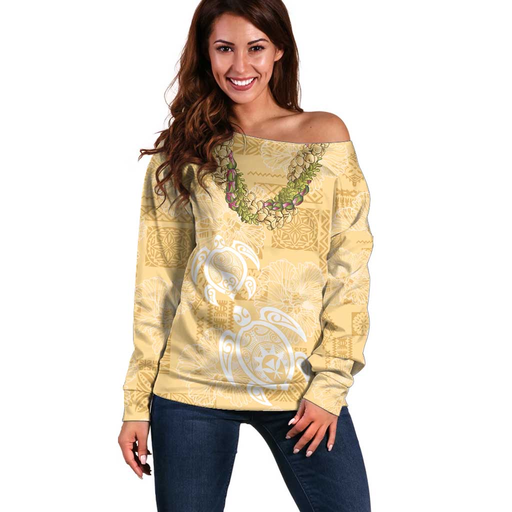 Aloha Honolulu Festival Off Shoulder Sweater Hawaii Kapa Mix Flowers Lei