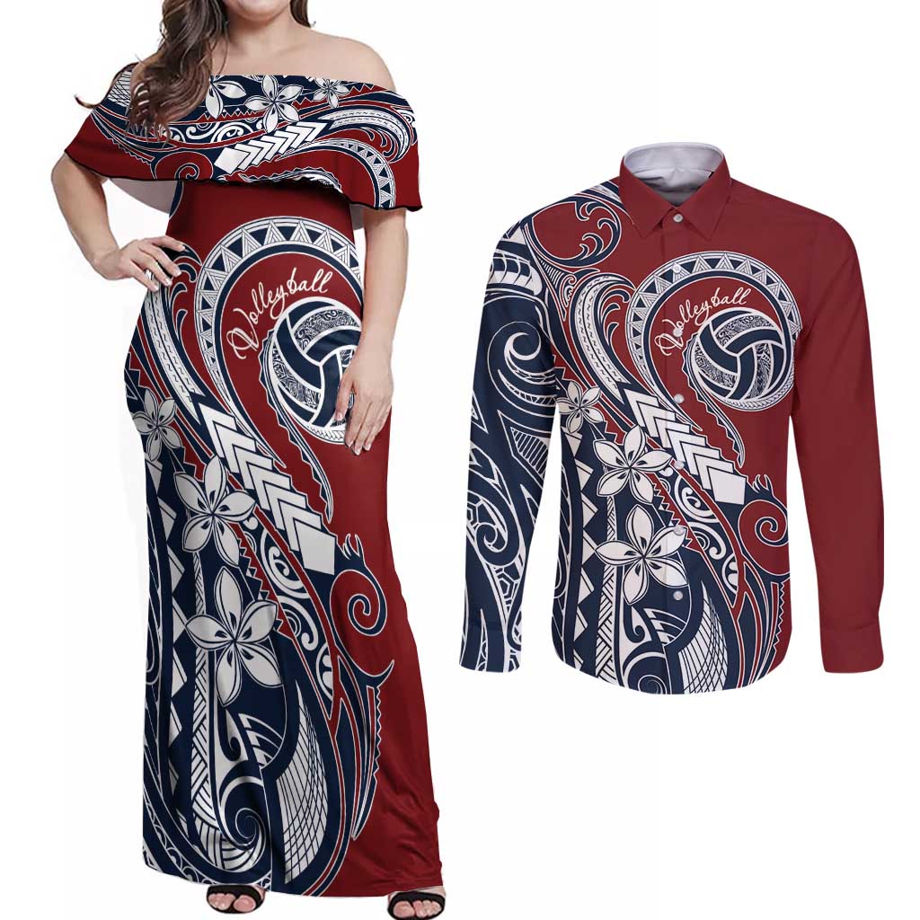 Polynesia Beach Volleyball Personalized Couples Matching Off Shoulder Maxi Dress and Long Sleeve Button Shirt Special