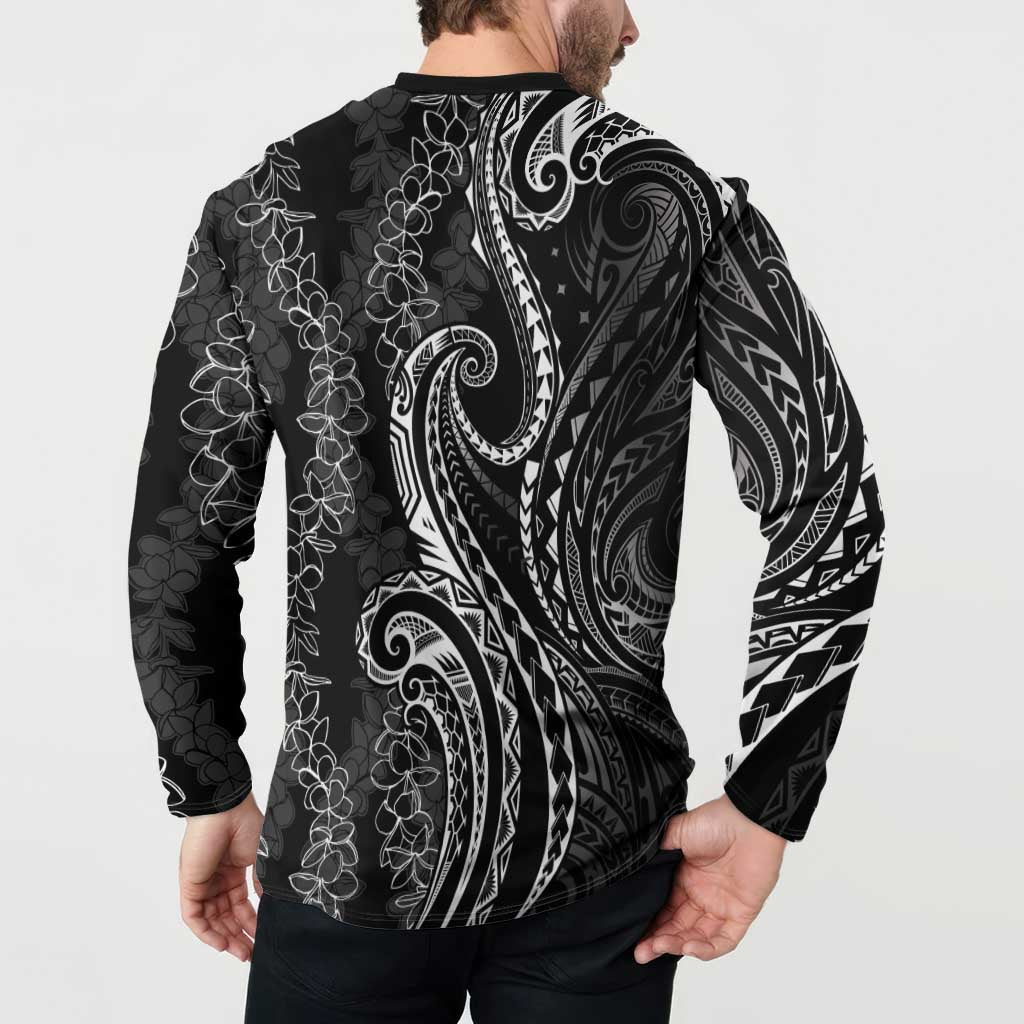 Polynesia Plumeria Lei Button Sweatshirt Black Curves Motif
