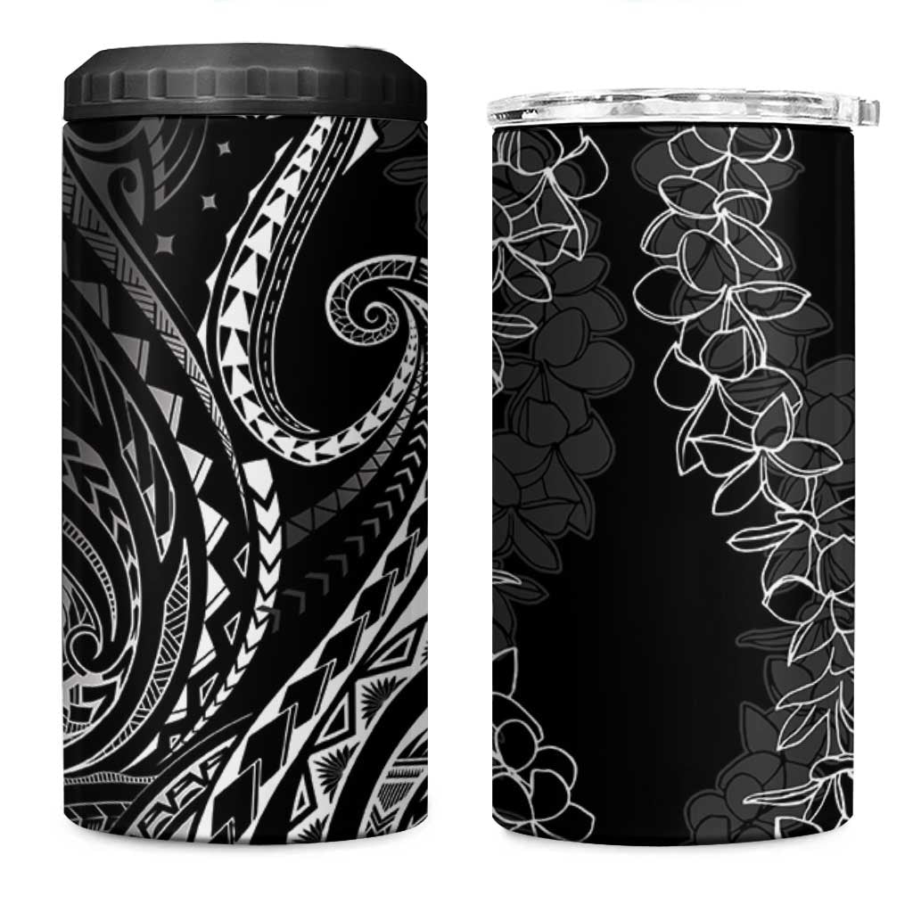 Polynesia Plumeria Lei 4 in 1 Can Cooler Tumbler Black Curves Motif