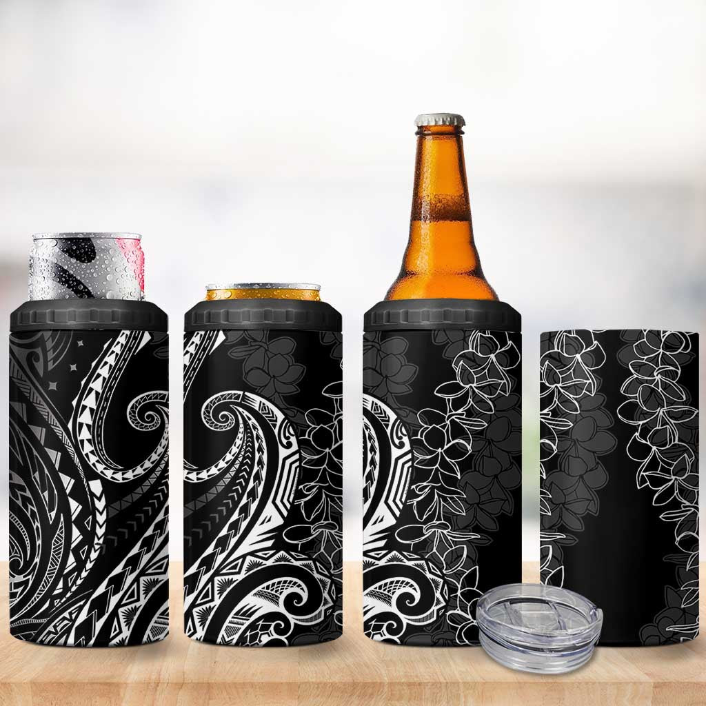 Polynesia Plumeria Lei 4 in 1 Can Cooler Tumbler Black Curves Motif