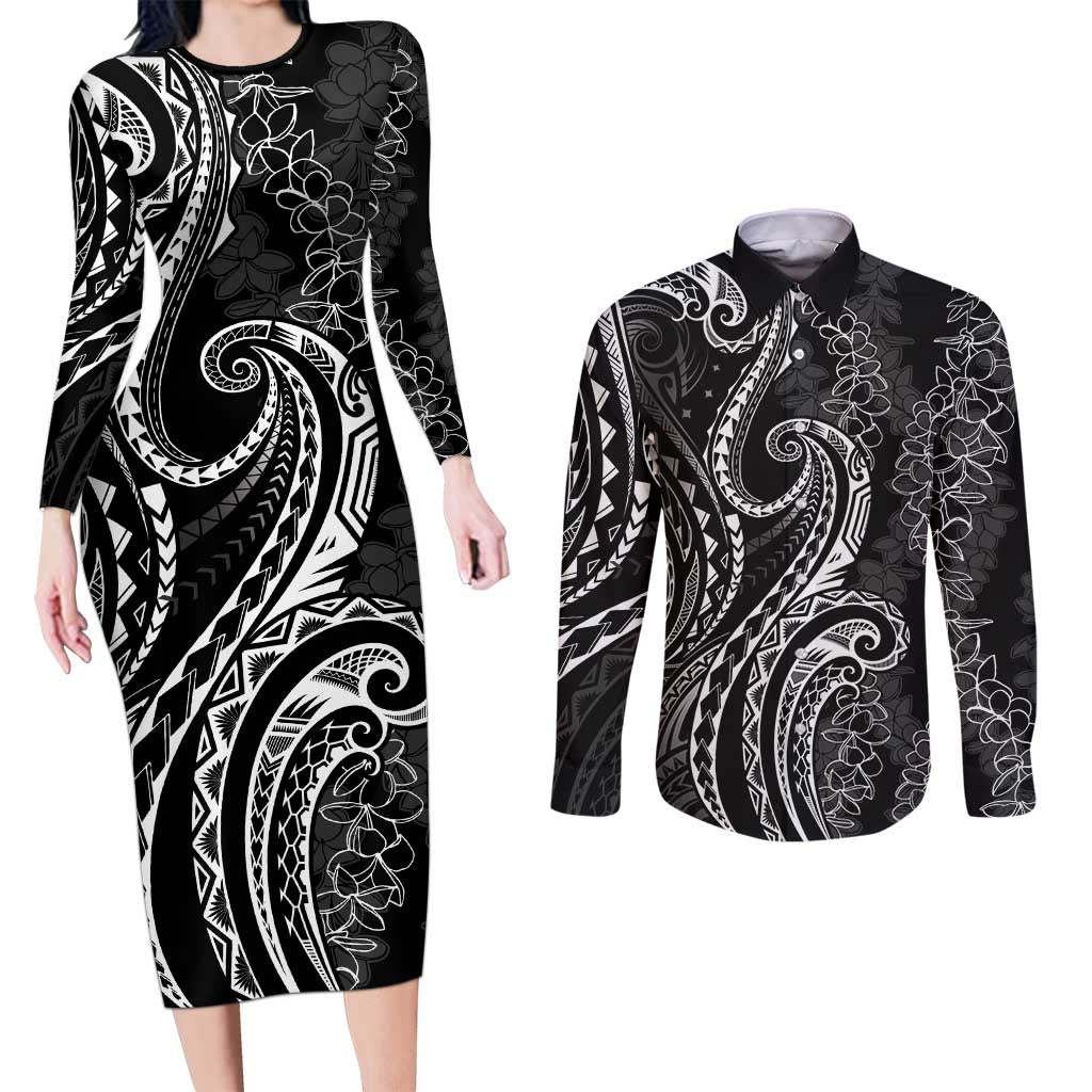 Polynesia Plumeria Lei Couples Matching Long Sleeve Bodycon Dress and Long Sleeve Button Shirt Black Curves Motif LT7 Black - Polynesian Pride