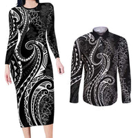 Polynesia Plumeria Lei Couples Matching Long Sleeve Bodycon Dress and Long Sleeve Button Shirt Black Curves Motif LT7 Black - Polynesian Pride