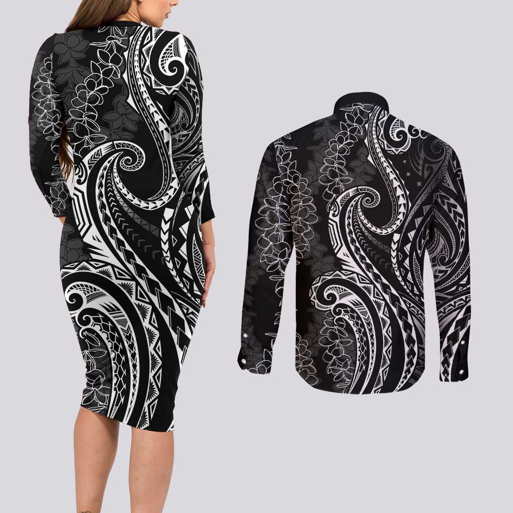 Polynesia Plumeria Lei Couples Matching Long Sleeve Bodycon Dress and Long Sleeve Button Shirt Black Curves Motif LT7 - Polynesian Pride