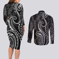 Polynesia Plumeria Lei Couples Matching Long Sleeve Bodycon Dress and Long Sleeve Button Shirt Black Curves Motif LT7 - Polynesian Pride